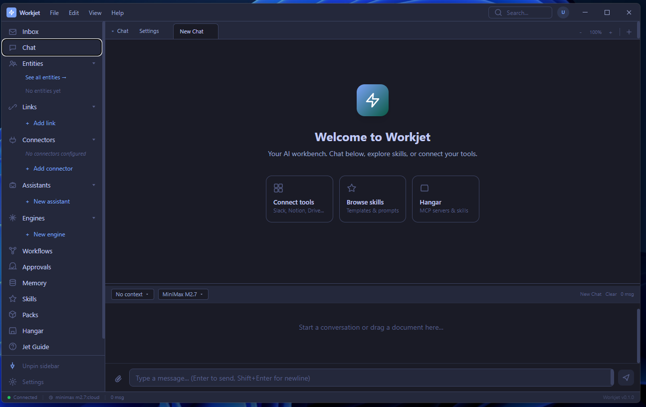Workjet desktop app — chat, entities, assistants, engines, workflows, approvals, memory, and pack marketplace